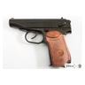 Black pistol replica with brown textured grip and black slide