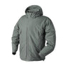 Lightweight winter jacket in muted green, full-zip front with hood and stand collar