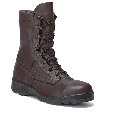 Brown leather lace-up aviator boot with padded collar and rugged rubber sole