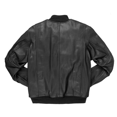Black leather tanker jacket, back view, center zip and ribbed hem