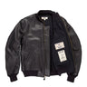 Black leather tanker jacket with front zip and ribbed collar, cuffs, and hem