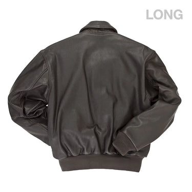 Goatskin A-2 long jacket back view with ribbed hem and cuffs