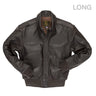 Brown goatskin A-2 long jacket with front zipper and two flap pockets
