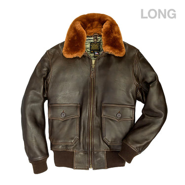 Brown leather flight jacket with fur collar, front zip, and two chest flap pockets