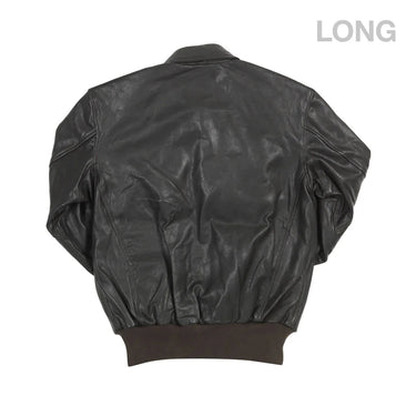 Black leather pilot jacket back view with ribbed waistband and collar.
