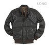 Black A-2 style leather pilot jacket with zip front and two flap chest pockets.