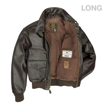 Men's long A-2 leather jacket with lining, patches, and interior label