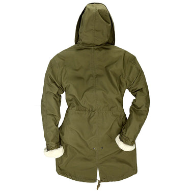 Olive fishtail parka, hooded back view with shearling trim at cuffs and hem