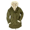 Olive fishtail parka with hood, shearling cuffs, front zipper and drawstring waist