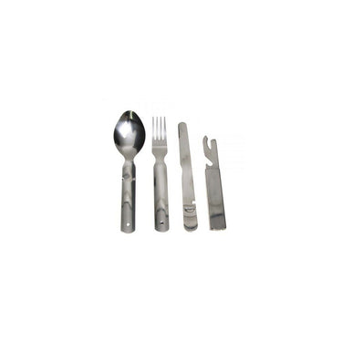 Stainless steel camp cutlery set with spoon, fork, knife, and opener