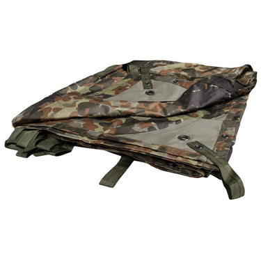Woodland camo basha tarp laid flat with grommets, panel straps, and corner tabs
