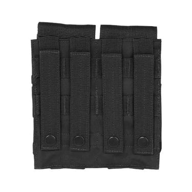 Black double magazine pouch front with five vertical MOLLE slots and snap tabs.