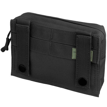 Black tactical belt pouch with MOLLE-style front panel and side strap loops