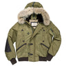 Olive green short N-2B winter parka with faux fur hood trim