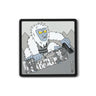 Square embroidered snowboard patch with white yeti holding striped guitar, dark border