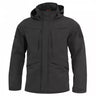 Waterproof parka in black with hood, front zipper and chest flap pockets
