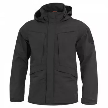 Waterproof parka in black with hood, front zipper and chest flap pockets