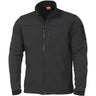 Black softshell jacket with full-zip front, stand collar, and arm pocket