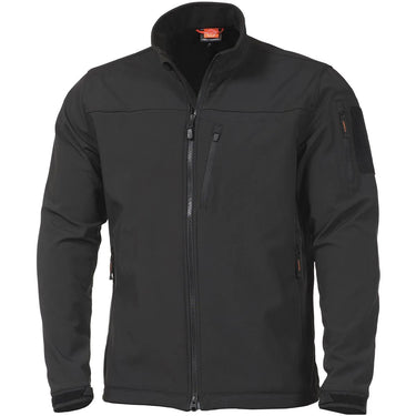 Black softshell jacket with full-zip front, stand collar, and arm pocket
