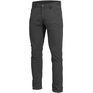 Dark utility pants with button-and-zip fly, belt loops, and tapered leg