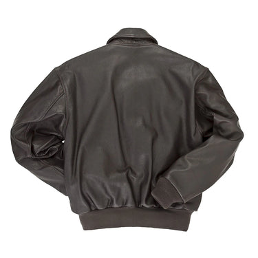 Dark brown leather A-2 flight jacket back view with ribbed hem and cuffs