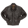Dark brown leather A-2 flight jacket with stand collar and front zip closure