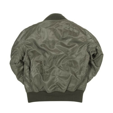 Sage green MA-1 bomber jacket back view with ribbed hem and cuffs
