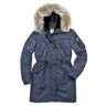 Women's N-3B parka in sapphire blue with faux-fur hood trim and front pockets
