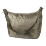 Tan carryall backup bag with wide shoulder strap and front pocket panel