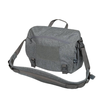 Medium courier messenger bag in dark melange gray, zip front pocket, adjustable shoulder strap