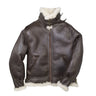 Shearling-collar B-3 style leather bomber jacket, dark brown with front zipper