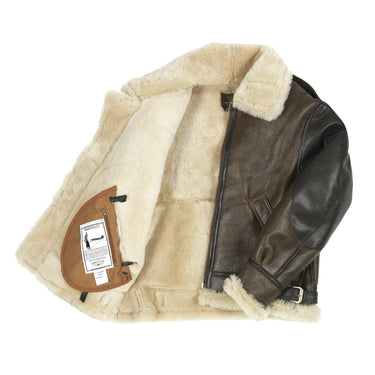 Shearling-lined leather bomber jacket, dark brown front with zipper and belt straps