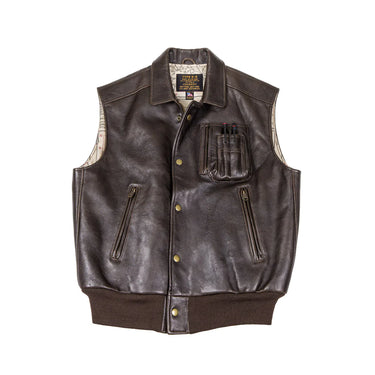 Brown lambskin leather vest, front snap buttons, stand collar, utility chest pocket