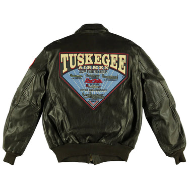 Dark green goatskin bomber jacket back with large Tuskegee Airmen graphic patch