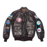 Brown goatskin bomber jacket with front zip and colorful sleeve patches