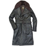 Leather flight coat with dark fur hood, buttoned front, waist belt and side pockets