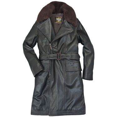 Leather flight coat with dark fur hood, buttoned front, waist belt and side pockets