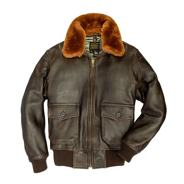 Brown leather flight jacket with tan shearling collar and zip front, two chest pockets