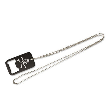 Black dog tag bottle opener pendant on silver chain with skull and crossbones