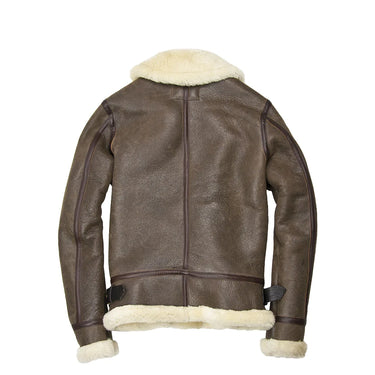 Brown hooded sheepskin jacket back view with faux-fur hem and zip closure