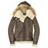 Brown hooded sheepskin jacket with faux-fur collar and full zip front