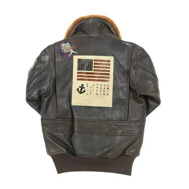 Brown leather flight jacket back view with shearling collar and U.S. flag patch