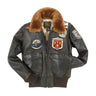Brown leather flight jacket with shearling collar, front patches, and zip pockets