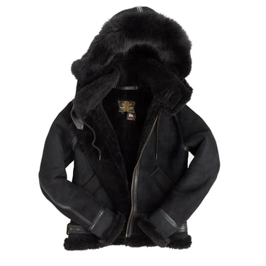 Women’s hooded suede bomber jacket with black shearling lining and plush fur hood