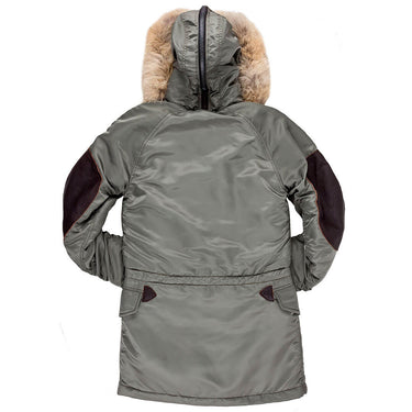 Sage green long parka back view with fur-trimmed hood and angled pockets