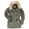 Sage green N-3B long parka with fur-trimmed hood and buttoned front