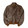 Brown leather A-2 jacket with zip front, stand collar, and ribbed cuffs