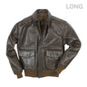 Men's long A-2 leather jacket with zip front and flap pockets, dark brown