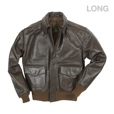 Men's long A-2 leather jacket with zip front and flap pockets, dark brown