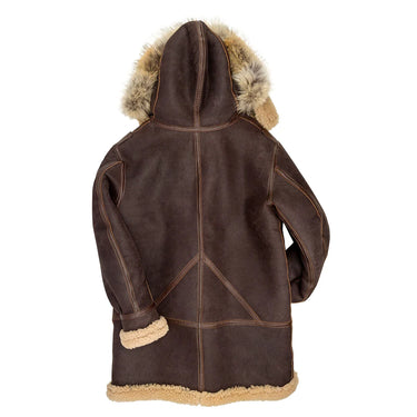 Dark brown sheepskin parka with cream shearling trim and rear yoke seams